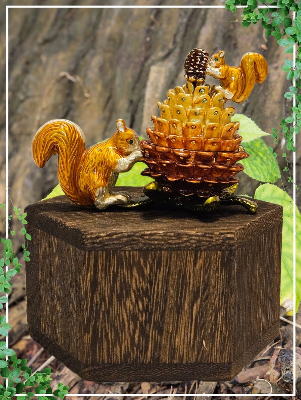 Bejeweled Brown & Tan Squirrels With Pine Cone Trinket Box
